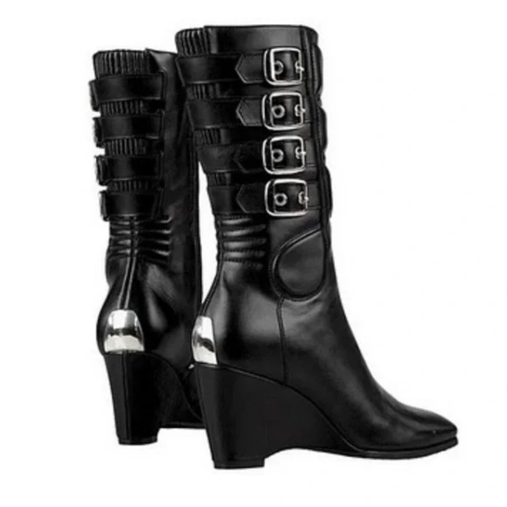 Womens size 8 ICON Moto Leather Biker Boots Suede/Buckle Bombshell Wedge Heels